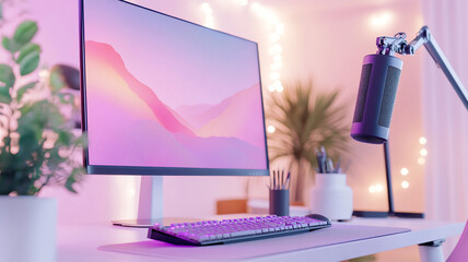 A modern digital creators dream studio featuring minimalist desk, vibrant monitor, and stylish microphone. serene atmosphere is enhanced by soft lighting and greenery