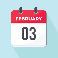 3 February Daily Calendar Icon 3d style red and white with light blue background 