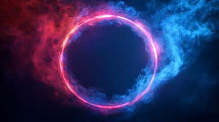 Obraz premium Neon Smoke Explosion with Empty Center, vibrant colors swirl outward creating a dramatic fog effect, evoking a mysterious and spooky atmosphere in a glowing ring formation