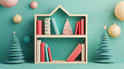 Fototapeta premium Colorful bookshelf display with decorative trees and ornaments on a teal background.