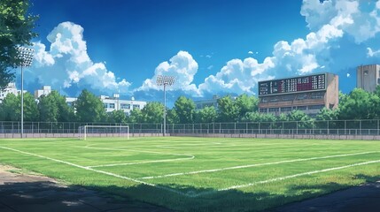 Empty Sports Field with Green Grass and Clear Blue Sky.