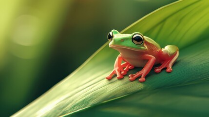 Colorful frog sitting on a leaf, showcasing vibrant colors and intricate details.