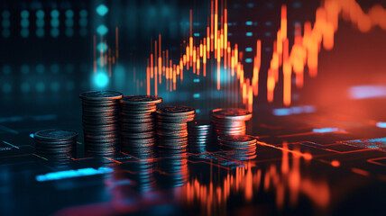 Neat stacks of coins with double exposure of stock market data create striking visual representation of financial growth and investment opportunities