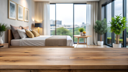 Empty wood table top blurred of modern bedroom background