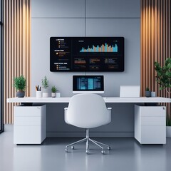 AI-powered digital marketing, holographic dashboard, modern office setup