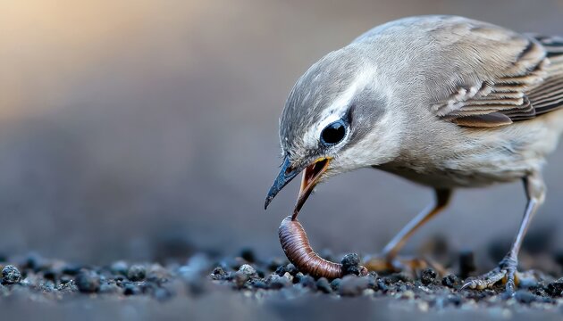 A bird perched on the ground, delicately picking up a worm with its beak.