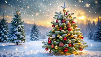 Obraz premium A beautifully decorated Christmas tree stands outdoors in a snowy landscape, adorned with red and gold ornaments. Snow gently falls, creating a peaceful and festive winter wonderland scene.