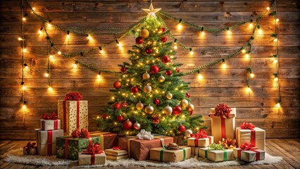 A cozy holiday scene featuring a decorated Christmas tree with glowing lights, red and gold ornaments, and neatly wrapped presents. Wooden background and string lights add a rustic festive charm.