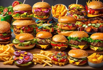 Fototapeta premium colorful display gourmet junk food mouthwatering crispy savory fresh sweet flavorful chicken wings, burgers, cheeseburgers, fries, french, tacos, street