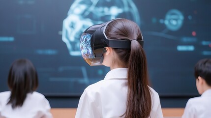 AI-powered education, students learning via holographic displays, futuristic classroom