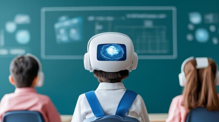 AI-powered education, students learning via holographic displays, futuristic classroom