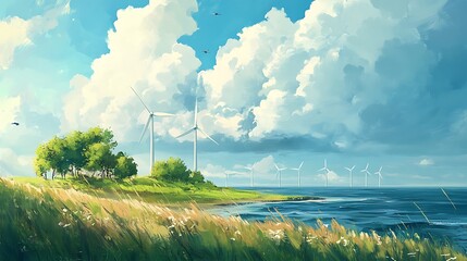 Obraz premium Wind turbines on a blue sea with lush green grass and puffy white clouds.