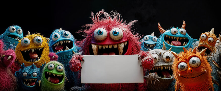 un monstre tient une pancarte blanche vierge, entour&eacute; par d'autres monstres pour halloween - fond noir