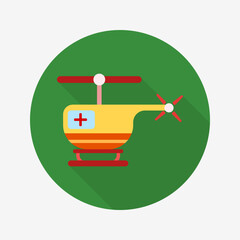 Helicopter flat icon isolated on circular colored background with long shadow. For sign, symbol, infographics, presentation or web graphics.