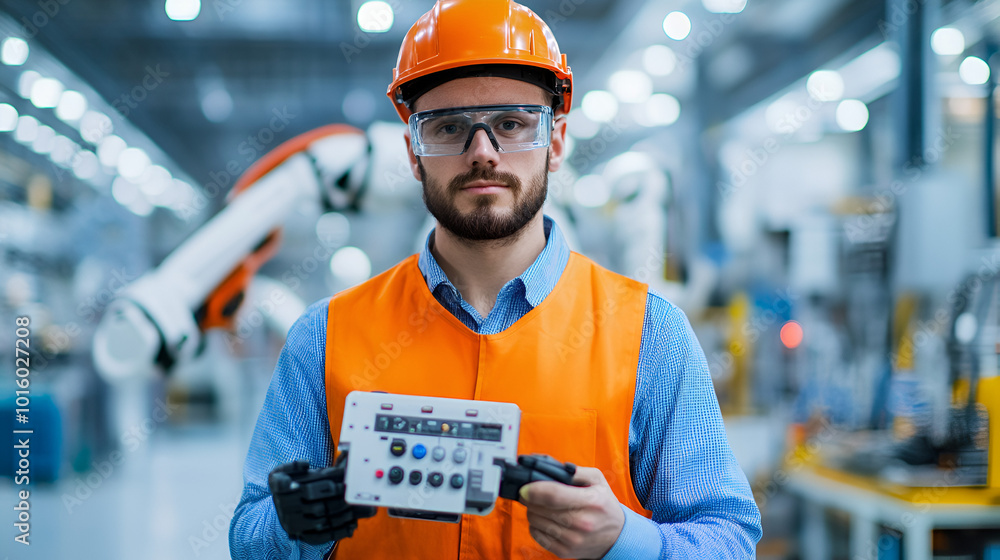 Wall mural technician engineer holding robot controller checking and repairing automatic robotic machine at ind