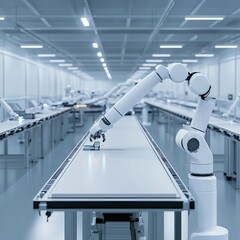AI-powered robotic assembly line, futuristic factory, sleek industrial design