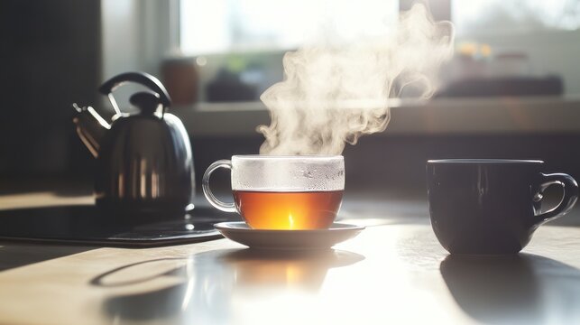 A classic tea-making ritual with steam rising from the cup and the warm ambiance of a cozy kitchen setting