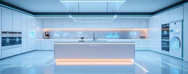 AI-powered smart homes, optimizing energy usage and security, futuristic interior