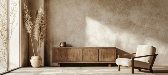 Modern interior design of a living room with a wooden cabinet and armchair on a beige wall background, in a minimalistic style