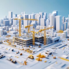 Augmented reality construction site, AI optimizing building processes, futuristic skyline