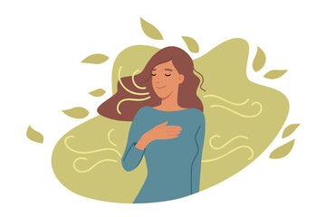 Woman develops mindfulness through meditation in park and enjoying fresh air produced by plants. Girl meditates with eyes closed to increase mindfulness and achieve success in personal life.