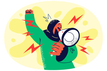 Mad woman in hijab shout in megaphone