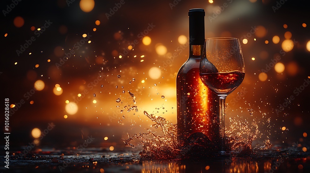 Poster a bottle and glass of red wine with splashes of liquid in front of a bokeh background.