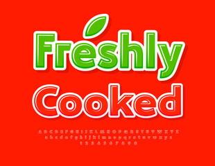 Vector advertising badge Freshly Cooked. Bright Creative Font. Red Glossy Alphabet Letters and Numbers set.