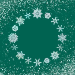 緑色の背景に雪の結晶で形作ったシンプルな円形フレーム。クリスマスカラーの温かみのあるイラスト。