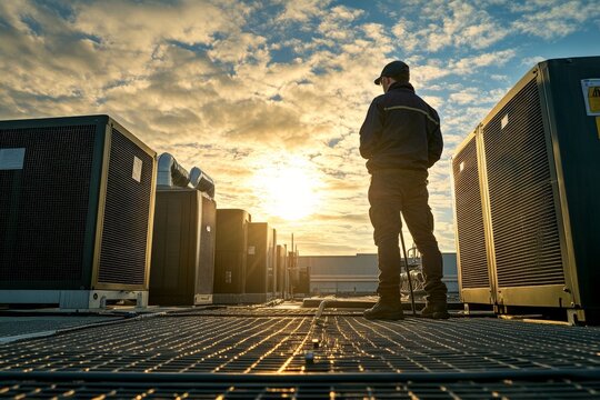 A lone figure stands silhouetted against a dramatic sunset on a rooftop, surrounded by industrial equipment and a vividly colored sky.
