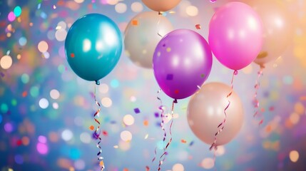 Colorful birthday celebration backdrop featuring vibrant balloons and scattered confetti, perfect for card designs or invitations to festive events.