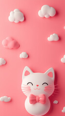 Cute Cartoon Cat with Pink Bowtie and Clouds on Pink Background.