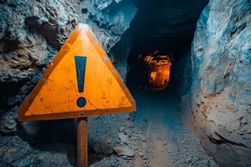 A yellow warning sign stands at the entrance of a dimly lit, rocky underground tunnel, suggesting...