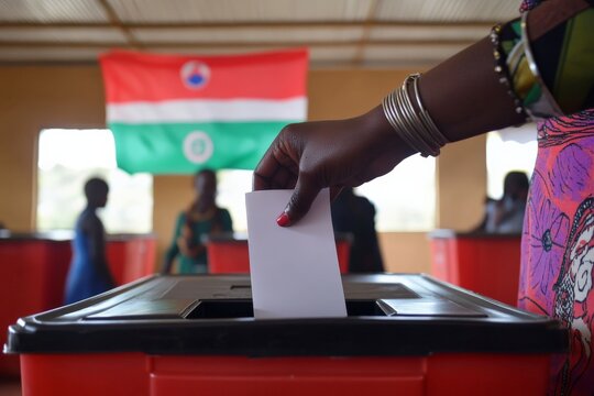 A woman in an African polling station places her vote in a ballot box, symbolizing hope and participation in shaping a future through democratic elections.