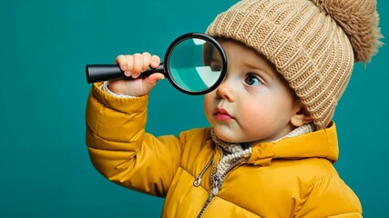 A young child wearing a tan hat and yellow jacket looks intently through a magnifying glass, conveying curiosity and exploration with a teal background