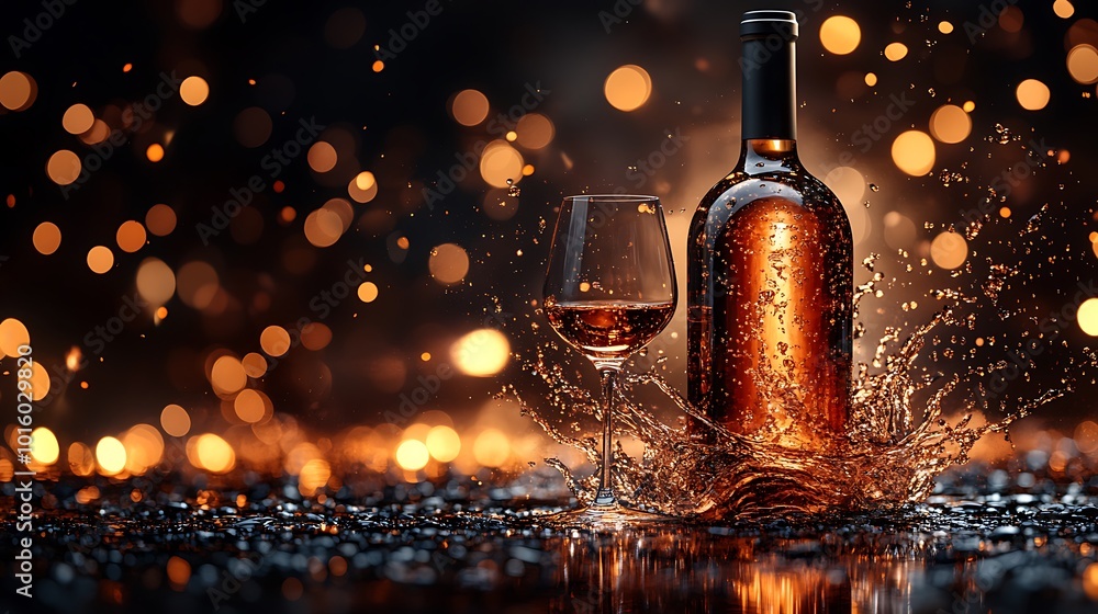 Aufkleber a glass of wine with a splash and a bottle of wine with a bokeh background.