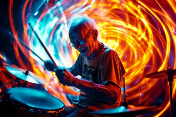 An energetic drummer passionately playing amidst swirling vibrant lights on stage, capturing the...