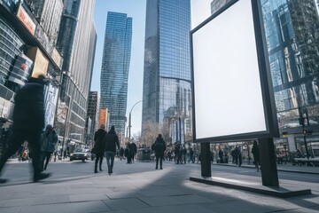 This image shows a vibrant city street teeming with pedestrians moving purposefully, framed by dazzling skyscrapers and a blank billboard ready for an ad.