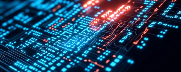 Obraz premium Blockchain technology, visualized in neon circuits, abstract financial data