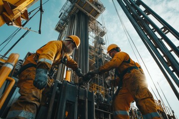Two diligent workers in protective gear collaborate on an oil drilling platform, emphasizing teamwork and dedication amidst the complex layers of machinery.