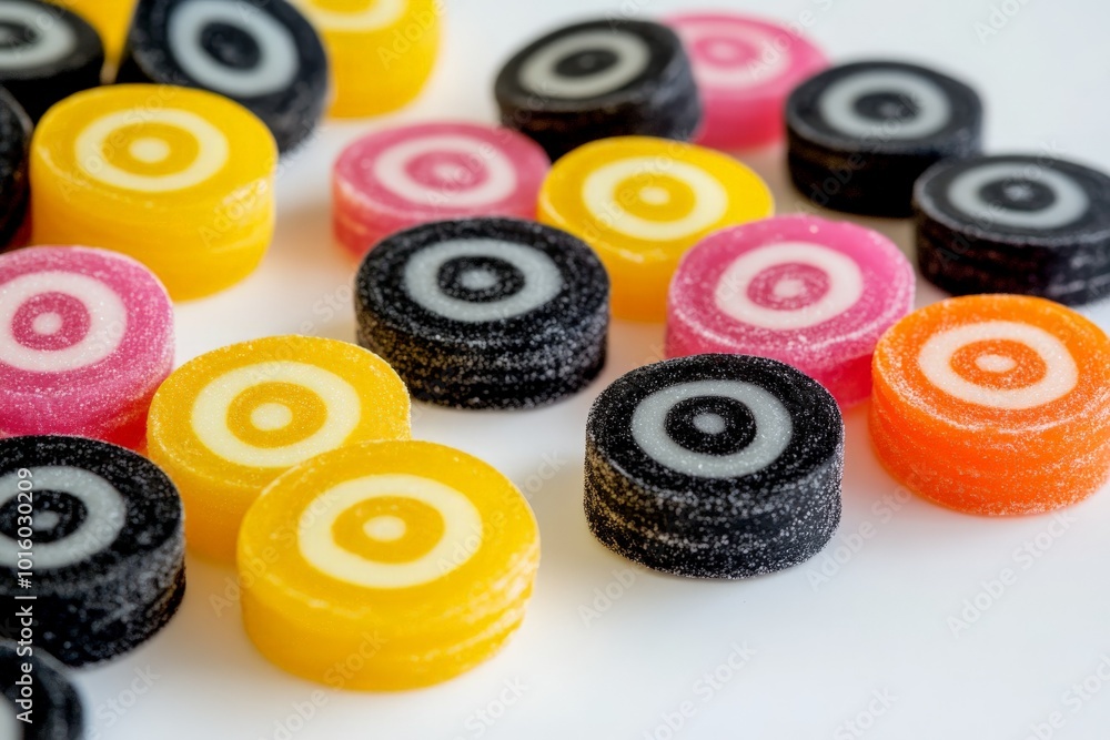 Poster an array of brightly colored spiral candies in shades of yellow, black, orange, and pink laid out on