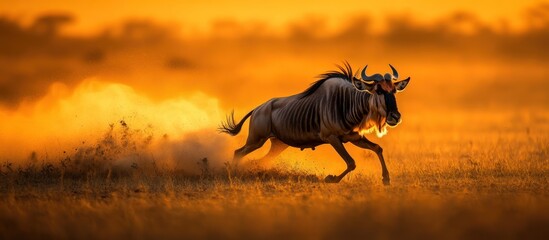 A wildebeest runs through the savanna at sunset, kicking up dust as it moves.