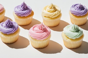 A detailed shot of delicious cupcakes adorned with swirled pastel icing in shades of pink, green, yellow, and purple, depicting a calming and joyous baking art form.