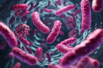 A captivating portrayal of pink bacteria, floating amidst a blue-tinted liquid environment, representing the mysterious and unseen world of microorganisms.