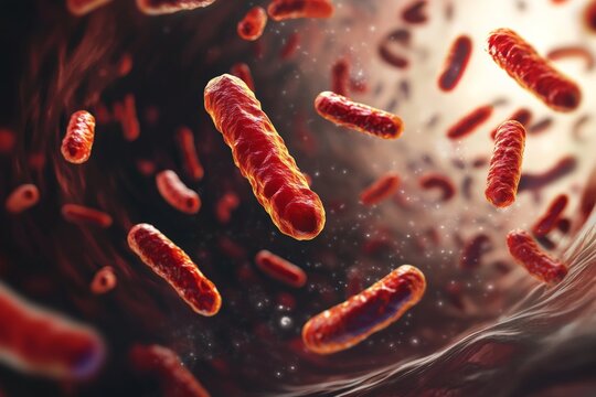 A detailed artistic rendering of red, rod-shaped bacteria floating within a bloodstream environment, highlighting the microscopic world and its complexities. - Powered by Adobe
