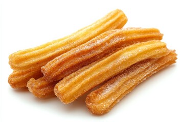 A delectable arrangement of sugar-dusted golden churros stacked together, showcasing their texture against a pristine white background, evoking a sense of indulgence.