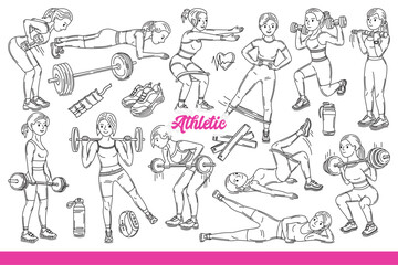 Woman athlete goes in for sports and does physical exercises with fitness equipment. Girl athlete achieves slim figure and excellent health by lifting barbells or dumbbells. Hand drawn.