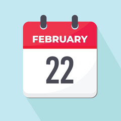 22 February Daily Calendar Icon 3d style red and white with light blue background 