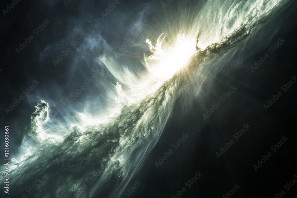 Poster A cosmic scene featuring swirling waves of clouds illuminated by a celestial glow, bringing forth a sense of awe and mystery within the boundless universe.