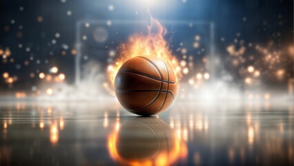 Dynamic basketball on fire with sparks, set against a professional court, reflecting on the shiny floor with a scoreboard in the background, representing action and power in sports.






